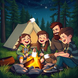 A heartwarming camping scene in a lush green forest featuring a cheerful girl, her father, and her friend