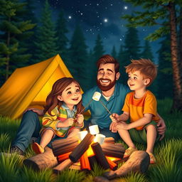 A heartwarming camping scene in a lush green forest featuring a cheerful girl, her father, and her friend