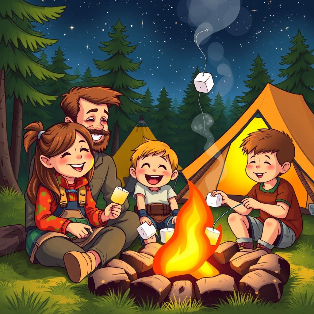 A heartwarming camping scene in a lush green forest featuring a cheerful girl, her father, and her friend