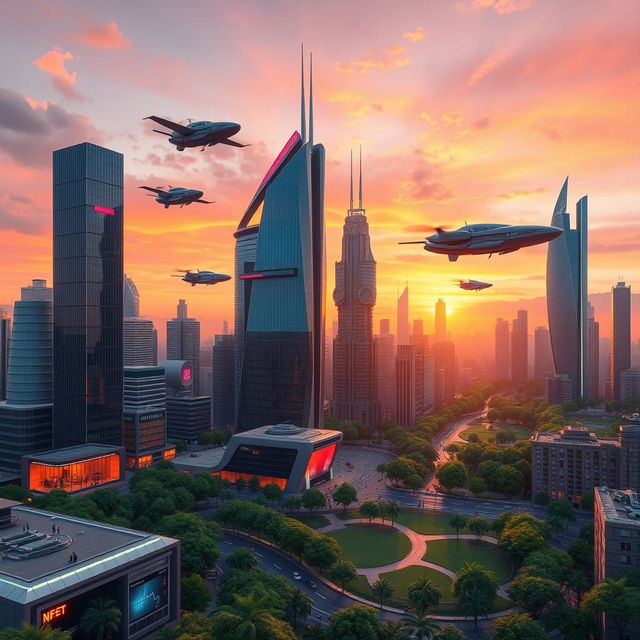 A highly detailed 3D composition featuring a futuristic city skyline at sunset