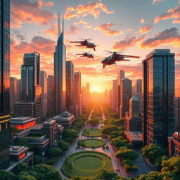 A highly detailed 3D composition featuring a futuristic city skyline at sunset