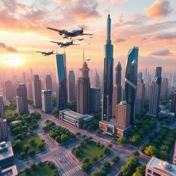 A highly detailed 3D composition featuring a futuristic city skyline at sunset