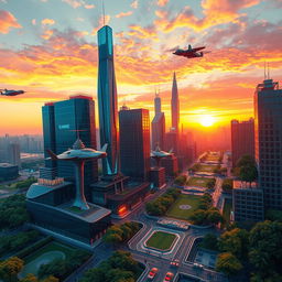A highly detailed 3D composition featuring a futuristic city skyline at sunset