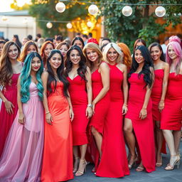 A dynamic and colorful scene featuring fifteen women aged between 18 and 45, each showcasing different hair colors such as blonde, brunette, red, black, auburn, and bright hues like teal and pink