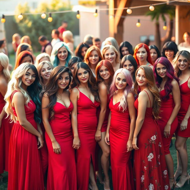 A dynamic and colorful scene featuring fifteen women aged between 18 and 45, each showcasing different hair colors such as blonde, brunette, red, black, auburn, and bright hues like teal and pink