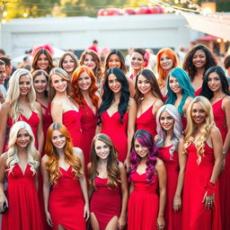 A dynamic and colorful scene featuring fifteen women aged between 18 and 45, each showcasing different hair colors such as blonde, brunette, red, black, auburn, and bright hues like teal and pink