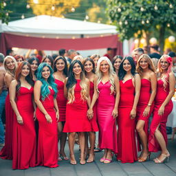 A dynamic and colorful scene featuring fifteen women aged between 18 and 45, each showcasing different hair colors such as blonde, brunette, red, black, auburn, and bright hues like teal and pink
