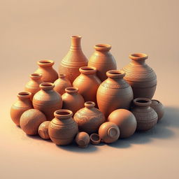 A detailed 3D composition drawing showcasing a variety of earthen pots arranged artistically