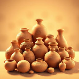 A detailed 3D composition drawing showcasing a variety of earthen pots arranged artistically