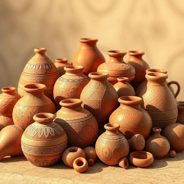 A detailed 3D composition drawing showcasing a variety of earthen pots arranged artistically