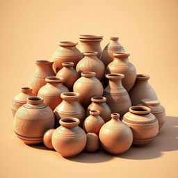 A detailed 3D composition drawing showcasing a variety of earthen pots arranged artistically
