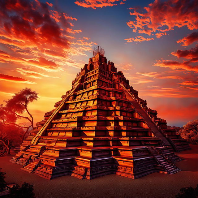 A high-quality digital art image showcasing the Temple of the Sun, an ancient monument basking in the golden glow of the setting sun