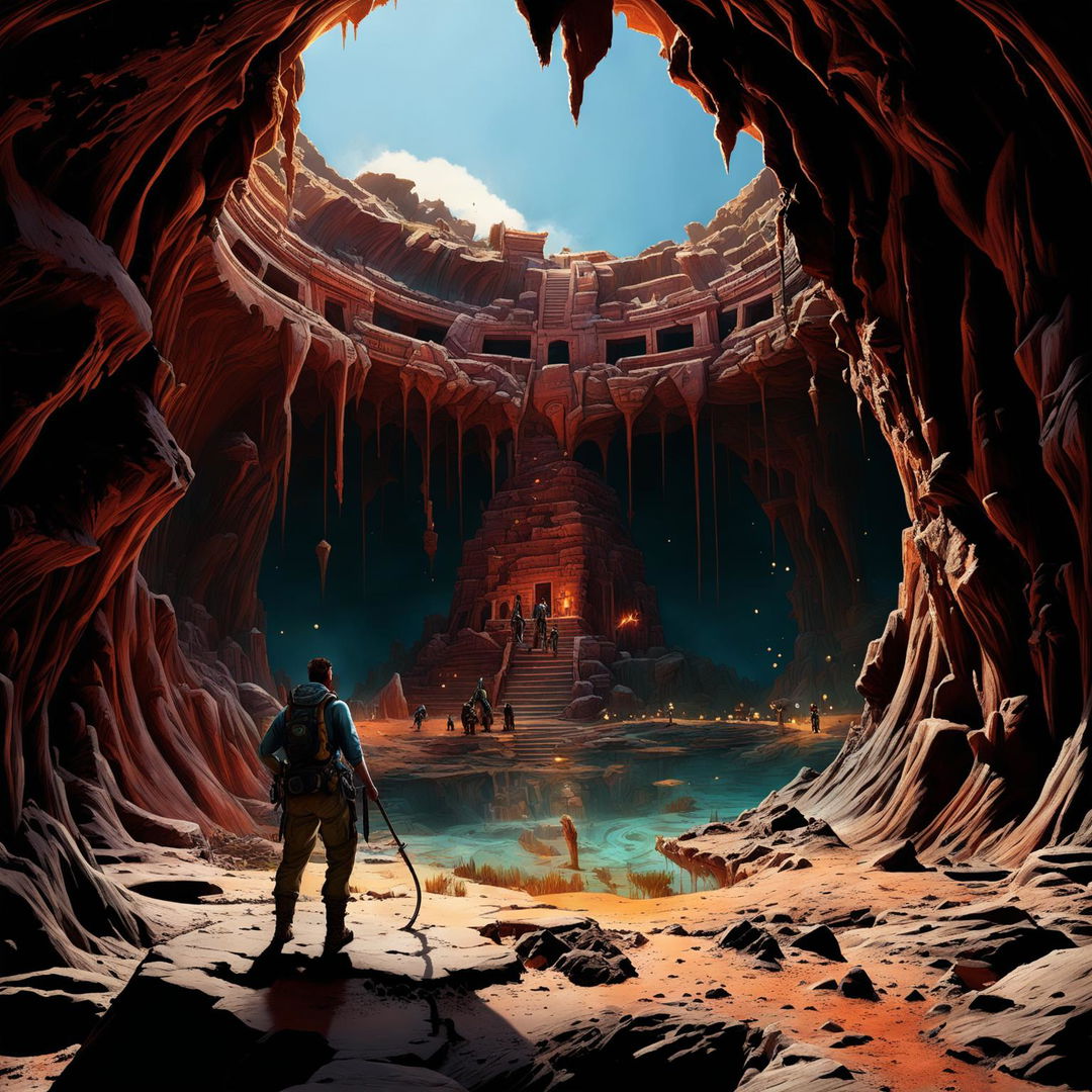 A high-resolution digital art image illustrating an adventurous discovery of a sunken temple in the desert