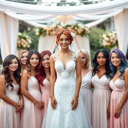 An enchanting scene featuring a diverse group of women aged between 18 and 45, showcasing a variety of hair colors including blonde, brunette, red, black, and vibrant shades such as blue and purple