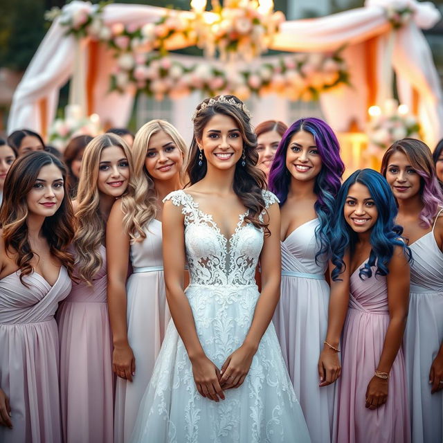 An enchanting scene featuring a diverse group of women aged between 18 and 45, showcasing a variety of hair colors including blonde, brunette, red, black, and vibrant shades such as blue and purple