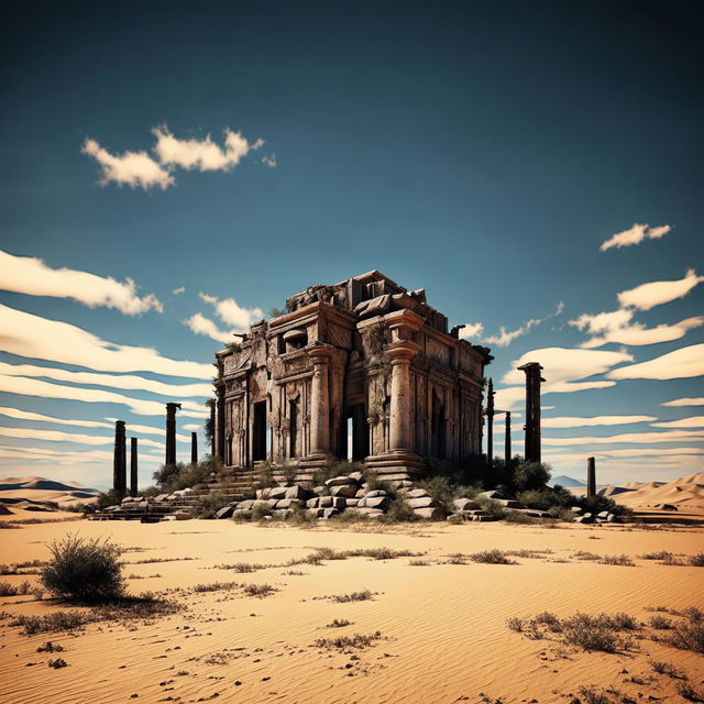 A high-quality digital art image featuring an abandoned temple in the vast desert