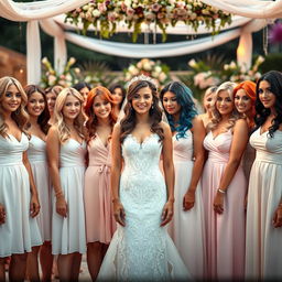 An enchanting scene featuring a diverse group of women aged between 18 and 45, showcasing a variety of hair colors including blonde, brunette, red, black, and vibrant shades such as blue and purple