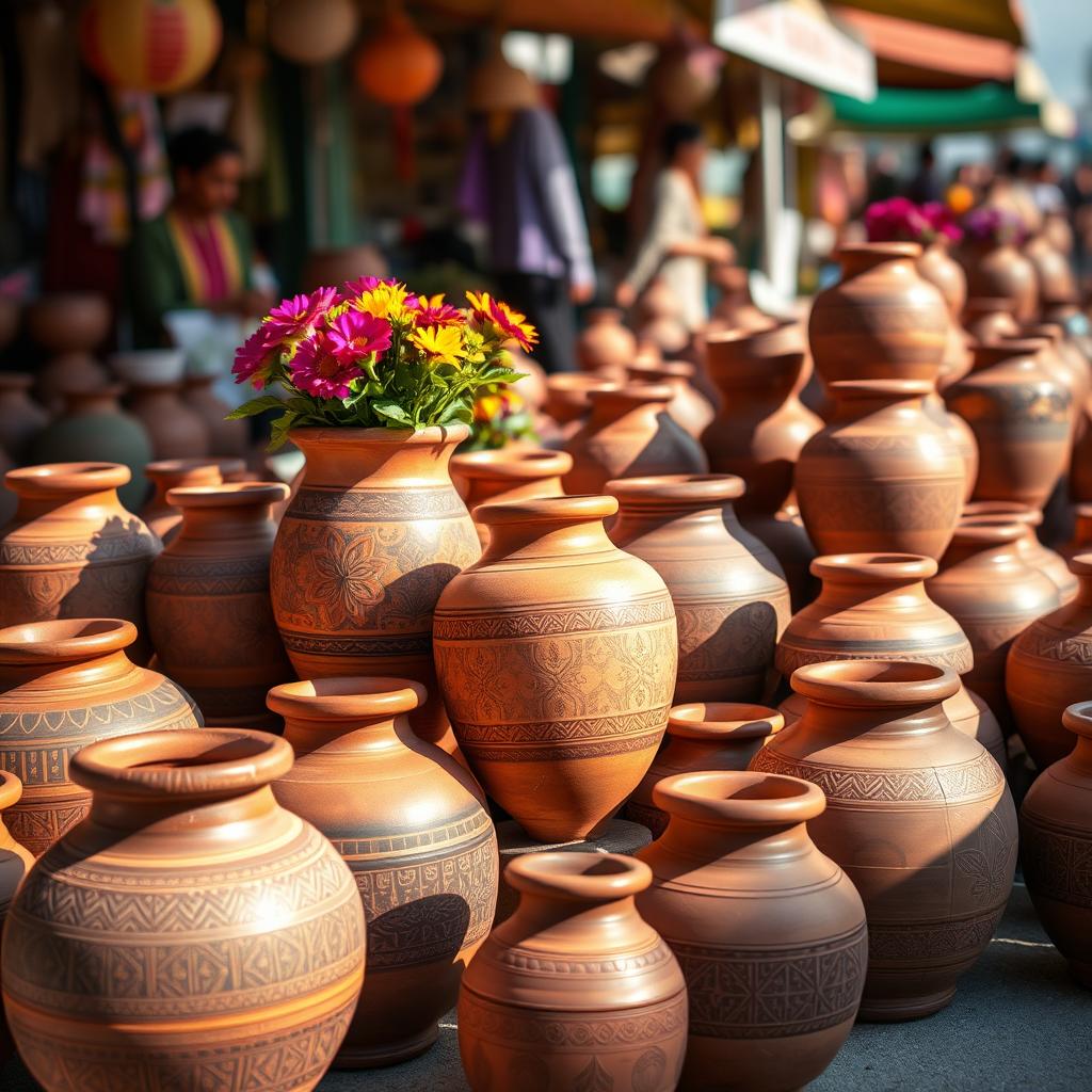 A beautiful arrangement of earthen pots in a vibrant market setting, showcasing a variety of sizes and designs