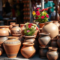 A beautiful arrangement of earthen pots in a vibrant market setting, showcasing a variety of sizes and designs