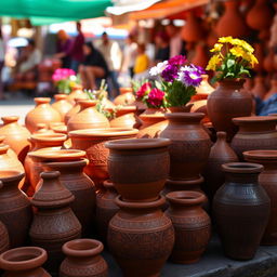 A beautiful arrangement of earthen pots in a vibrant market setting, showcasing a variety of sizes and designs