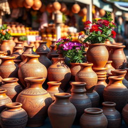 A beautiful arrangement of earthen pots in a vibrant market setting, showcasing a variety of sizes and designs
