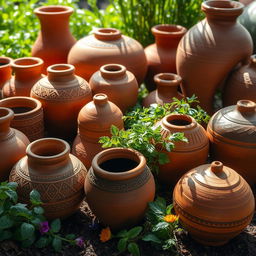 A captivating composition featuring a variety of earthen pots, each showcasing unique designs and forms