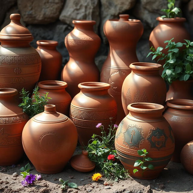 A captivating composition featuring a variety of earthen pots, each showcasing unique designs and forms