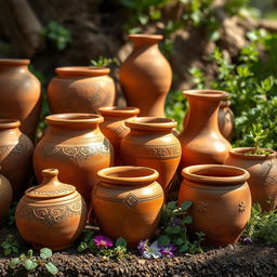 A captivating composition featuring a variety of earthen pots, each showcasing unique designs and forms