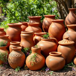 A captivating composition featuring a variety of earthen pots, each showcasing unique designs and forms