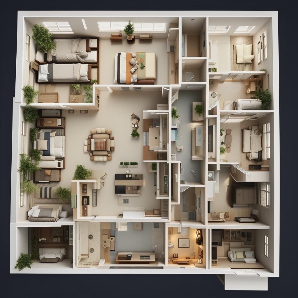 High detailed blueprint of a 3 bedroom set. Incorporate spacious rooms, suitable furniture placements and a well thought out floor plan.