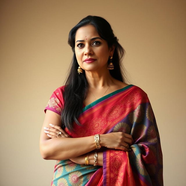 A middle-aged Indian woman in a vibrant saree that elegantly drapes over her form, highlighting her confident demeanor