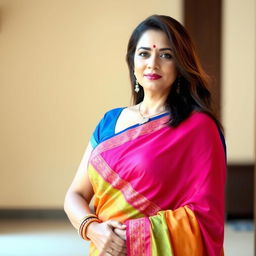 A middle-aged Indian woman in a vibrant saree that elegantly drapes over her form, highlighting her confident demeanor
