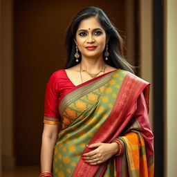 A middle-aged Indian woman in a vibrant saree that elegantly drapes over her form, highlighting her confident demeanor
