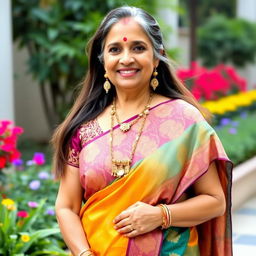 An elegant Indian aunty wearing a traditional saree in vibrant colors, with an intricately designed blouse that complements the saree