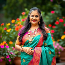 An elegant Indian aunty wearing a traditional saree in vibrant colors, with an intricately designed blouse that complements the saree