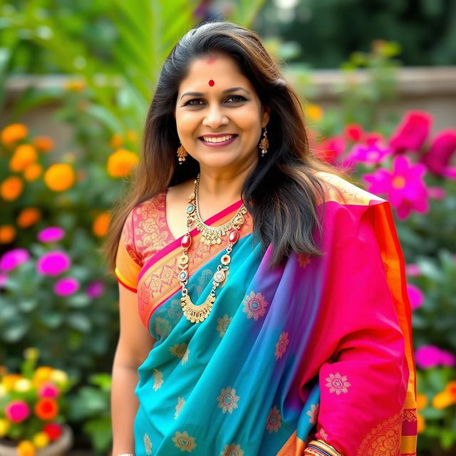 An elegant Indian aunty wearing a traditional saree in vibrant colors, with an intricately designed blouse that complements the saree