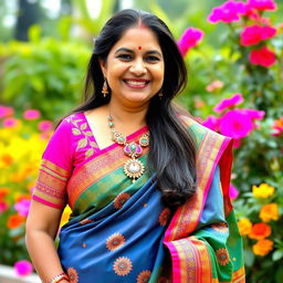 An elegant Indian aunty wearing a traditional saree in vibrant colors, with an intricately designed blouse that complements the saree