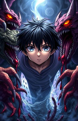 A dark-haired anime boy with striking gray eyes, surrounded by menacing monsters emerging from a portal, dripping blood