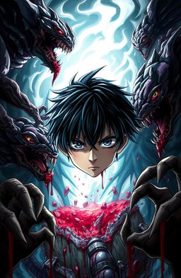 A dark-haired anime boy with striking gray eyes, surrounded by menacing monsters emerging from a portal, dripping blood