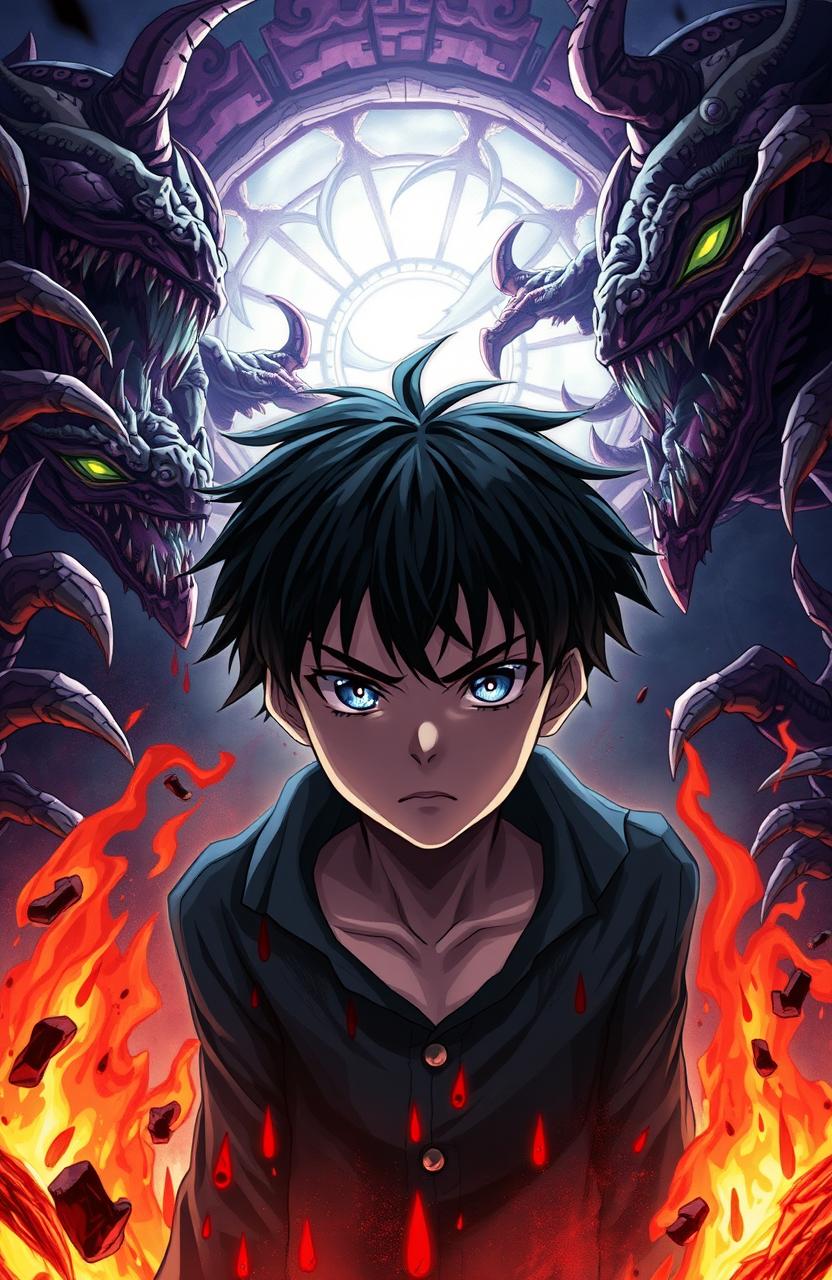 A dark-haired anime boy with striking gray eyes, surrounded by menacing monsters emerging from a portal, dripping blood