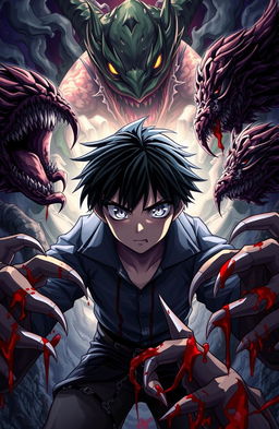 A dark-haired anime boy with striking gray eyes, surrounded by menacing monsters emerging from a portal, dripping blood