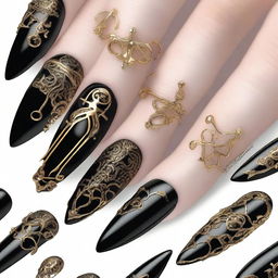 An exquisite digital art image depicting a set of nails styled in a Gothic design