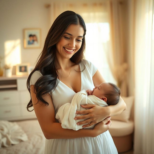 A serene portrait of a loving mother, smiling gently as she cradles her baby