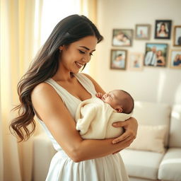 A serene portrait of a loving mother, smiling gently as she cradles her baby