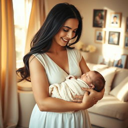 A serene portrait of a loving mother, smiling gently as she cradles her baby