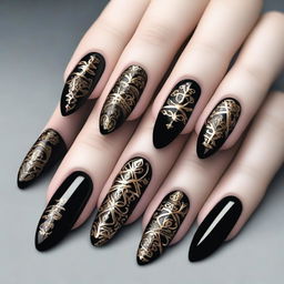 An exquisite digital art image depicting a set of nails styled in a Gothic design