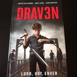A dramatic book cover featuring a teenage boy named Draven with piercing red eyes, holding a weapon, standing defiantly on the old town bridge