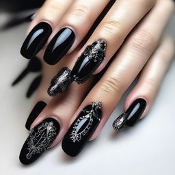 A striking digital art image depicting a set of nails styled with a Gothic influence