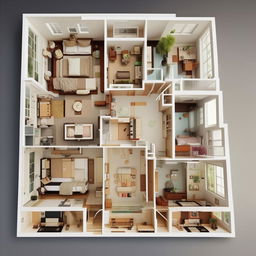 High detailed blueprint of a 3 bedroom set. Incorporate spacious rooms, suitable furniture placements and a well thought out floor plan.