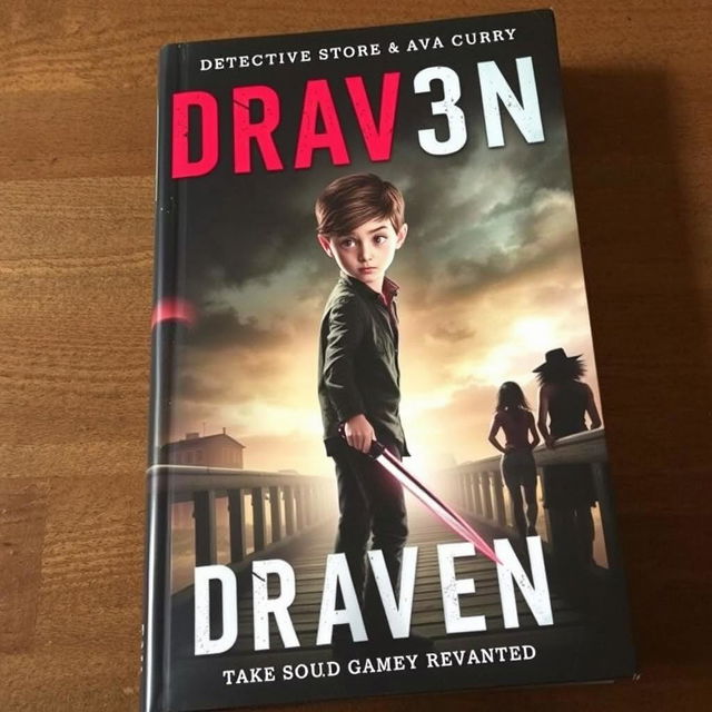 A dramatic book cover featuring a teenage boy named Draven with piercing red eyes, holding a weapon, standing defiantly on the old town bridge